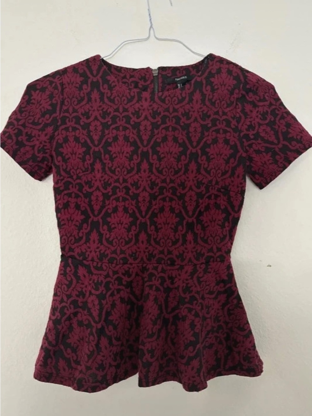 Forever 21 Burgundy and Black Jacquard Peplum Top